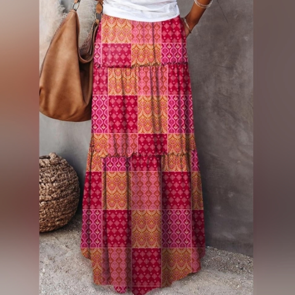 Maxi Skirt 70s Style Long Pocket Skirts - Long Floral Boho Patchwork Print Skirt - Picture 4 of 9